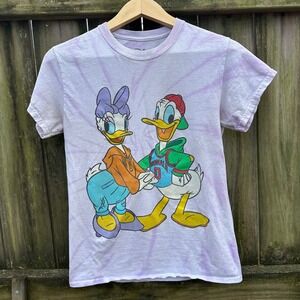 Disney Donald and Daisy Duck Tie Dye Graphic Tee Purple White 90s Style Sz Small